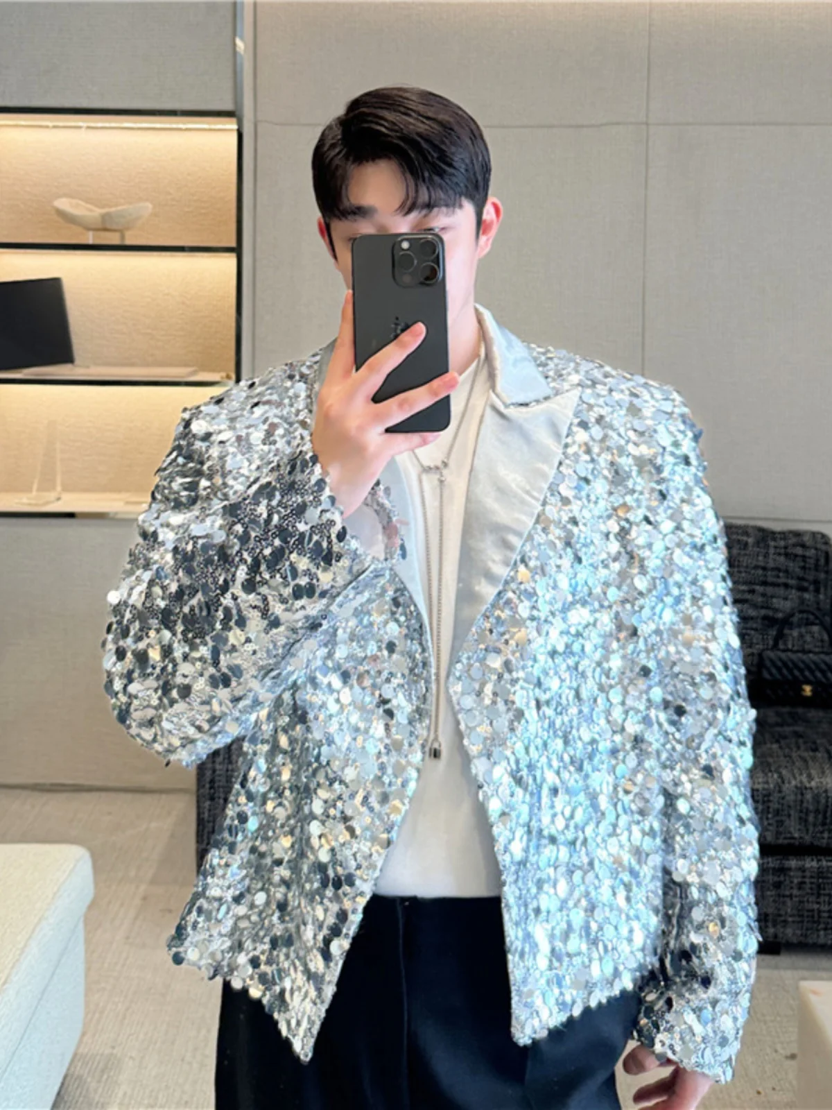 

Trendy ort Men's Suit Jaet Sparkling Design Stage Performance Outfit Spring Autumn New Sle Stand Fit Wool Blend Casual