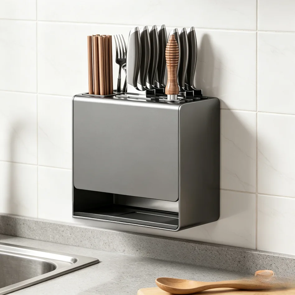 Wall Mount & Countertop Dual Use Gray Integrated Knife Chopstick Holder Kitchen Storage Organizer Rack