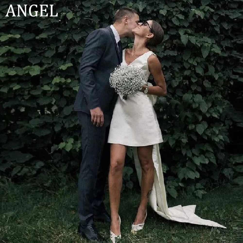 

ANGEL V-Neck Satin Short Mini Wedding Dresses Detachable Big Bow Bride Dress Elegant Above Knee Elegant Backless Bridal Gown