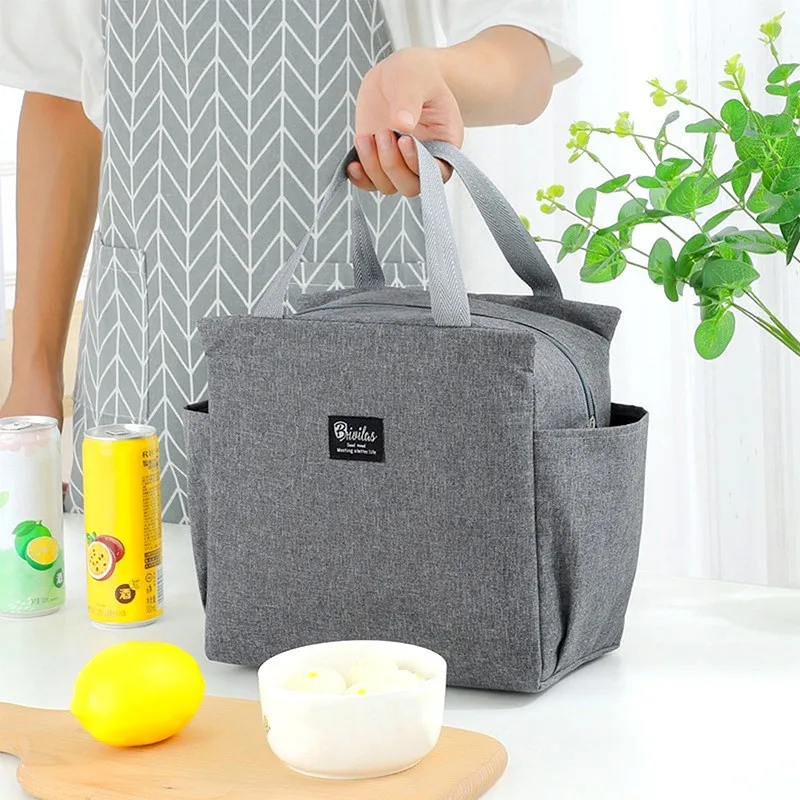 Thermal Lunch Bag Portable Cooler Pouch With Two Side-pockets Office Student Lunch Picnic Storage Box Food Container Handbag