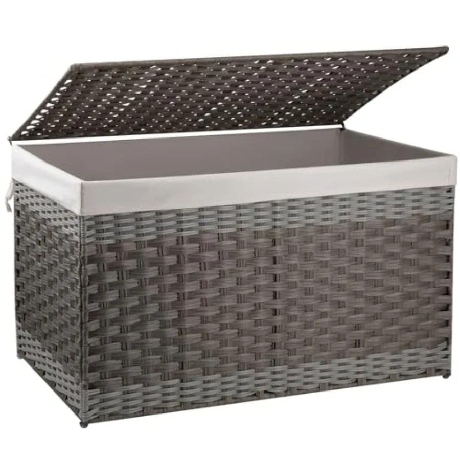 

Foldable Storage Basket with Lid 42.3 Gallon 160L Grey Synthetic Wicker Hamper with Removable Liner Bag for Living Room Blanket
