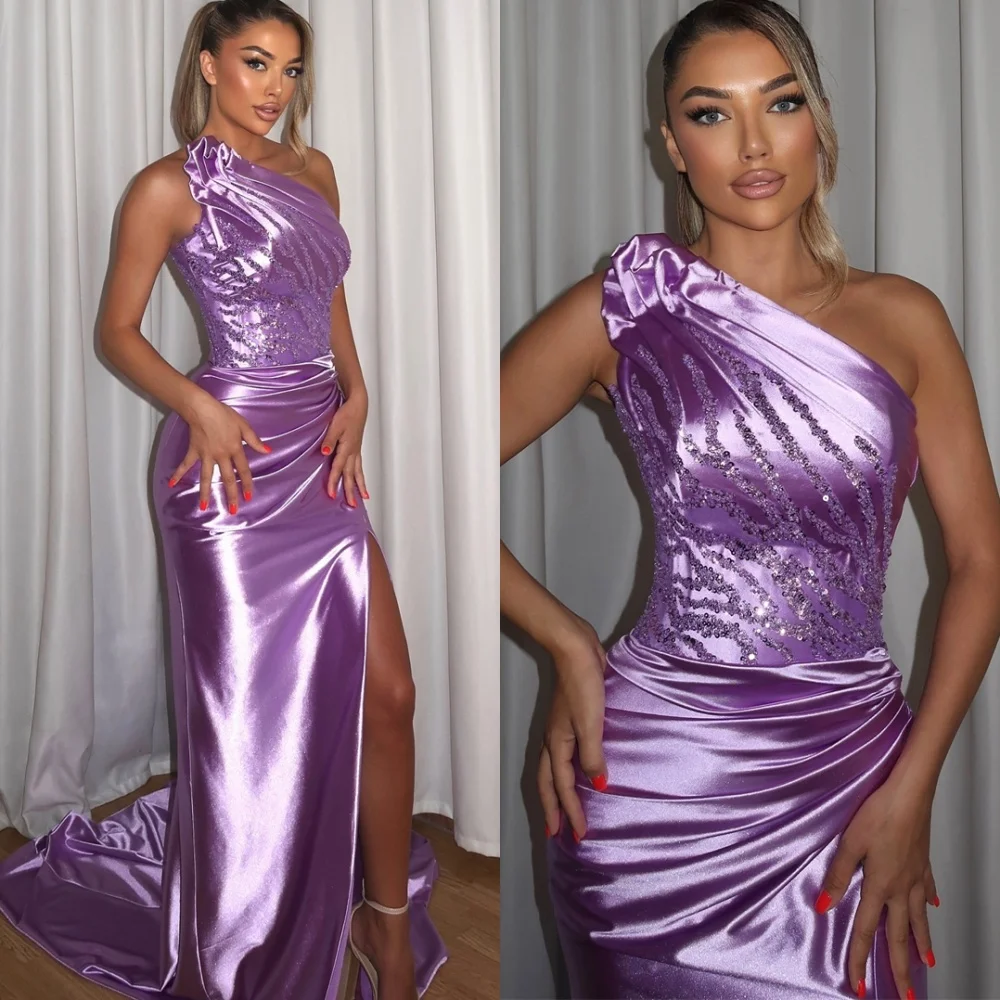 

Customized Exquisite Purple Satin Evening Dress Modern One Shoulder Sleeveless Celebrity Gowns Court Train Vestido De Festa