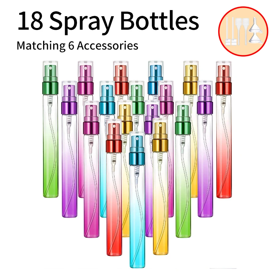 

18PCS+6Accessories 10ml Stained Glass Fine Mist Sprayer with 18 Spray Bottles, 2 Funnels, 2 Dispensers, 2 Spring Straws