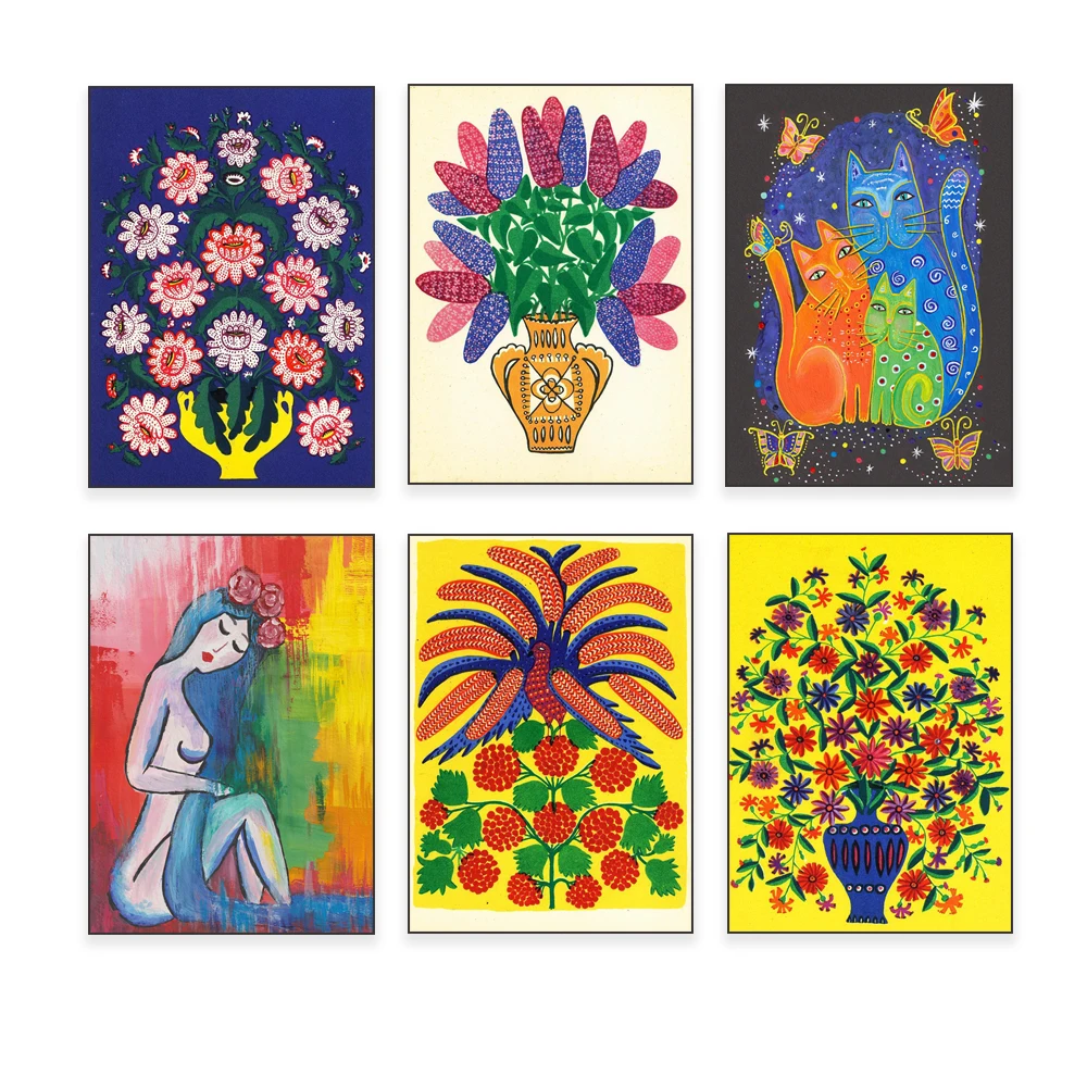 Affiche de Maria Prymachenko, impression de femme et de chat de Petrykivka, fleurs, peintre d'art populaire ukrainien, décoration murale d'artiste ukrainien