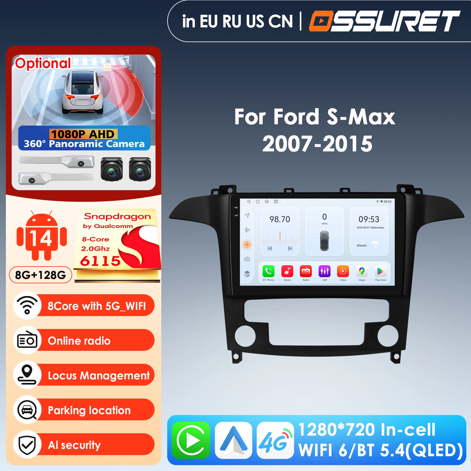 

4G-LTE AI 2Din Android for Ford S Max S-MAX 2007-2015 Car Radio Multimedia Video Player Stereo Navigation GPS Carplay Autoradio