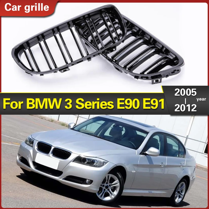 

1 Pair 2 Line Double Slat Front Kidney Grille Grill for BMW 3 Series E90 E91 2005-2012 Car Accessories Gloss Black Color Grills