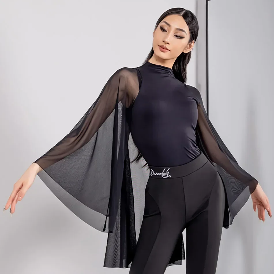

2024 Female Round Neck Latin Dance Top Mesh Patchwork Stage Performance Clothes Cha Cha Samba Rumba Pants Dance Wear YD372