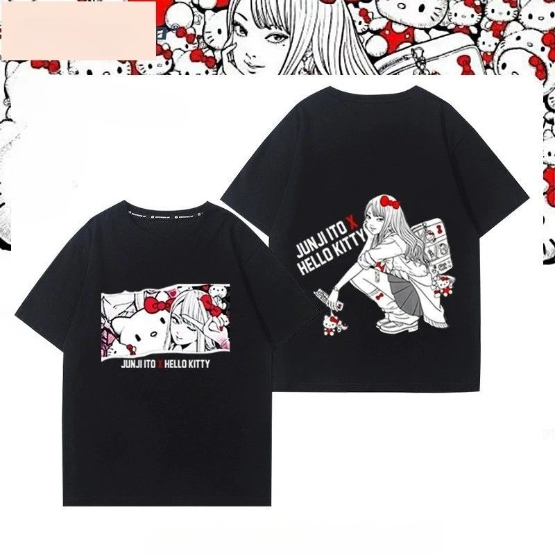 2026 Junji Ito X Hello Kitty Print T-shirt Men Women Front Back Manga Graphic Short Sleeve Tee Oversized Casual Tops
