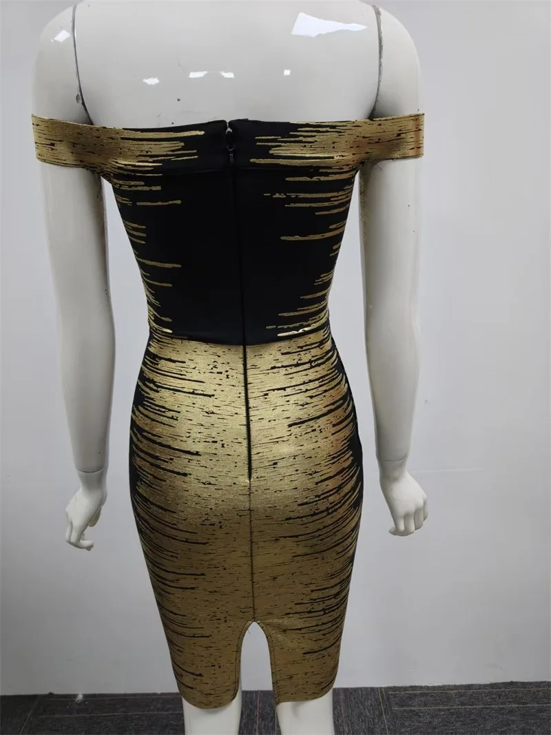 Luxury Shiny Gold Black Prom Dress Sexy Off Shoulder Sleeveless Sheath Short Mini Party Gown Formal Bridal Wedding Birthday Robe