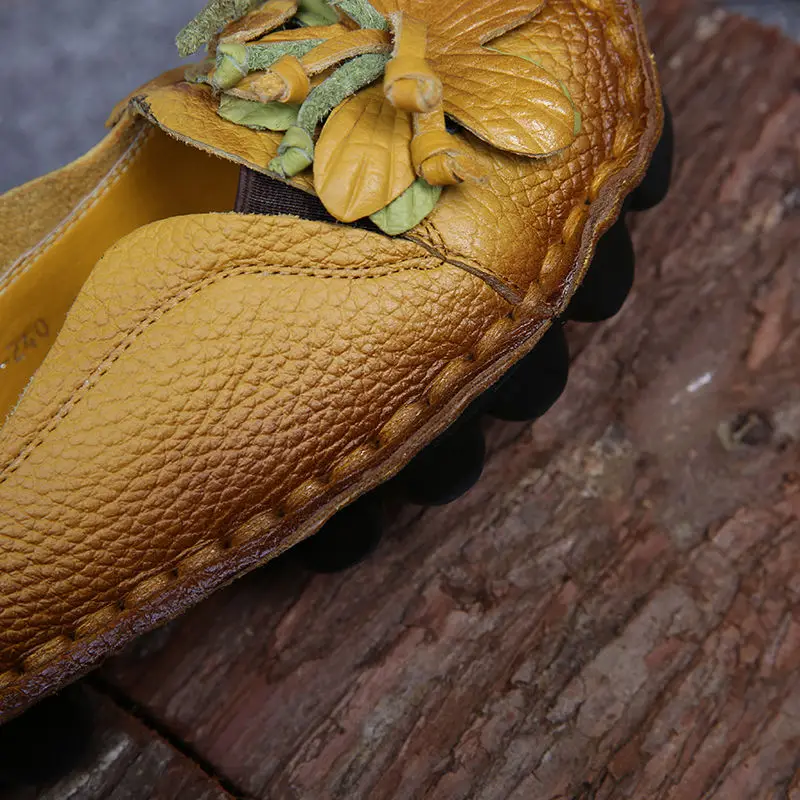 Genuine Leather Ballet Flats Women\'s Slip On Loafers Vintage Handmade Flower Soft Muffin Platform Casual Walk Dress Shoes Woman