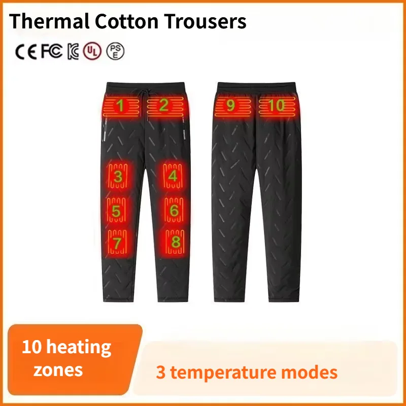Men 10 Heating Zones Fleece Lined Heated Pants USB Rechargeable 3 Heat Modes Winter Smart Thermal Electric Heating Trousers