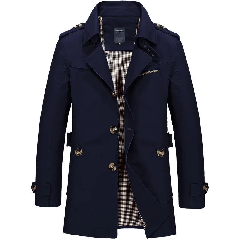 Men\'s Spring and Autumn New Fashion Casual Cotton Trench Coat, Solid Color Lapel Single-breasted Mid-long Splicing Trench Coat