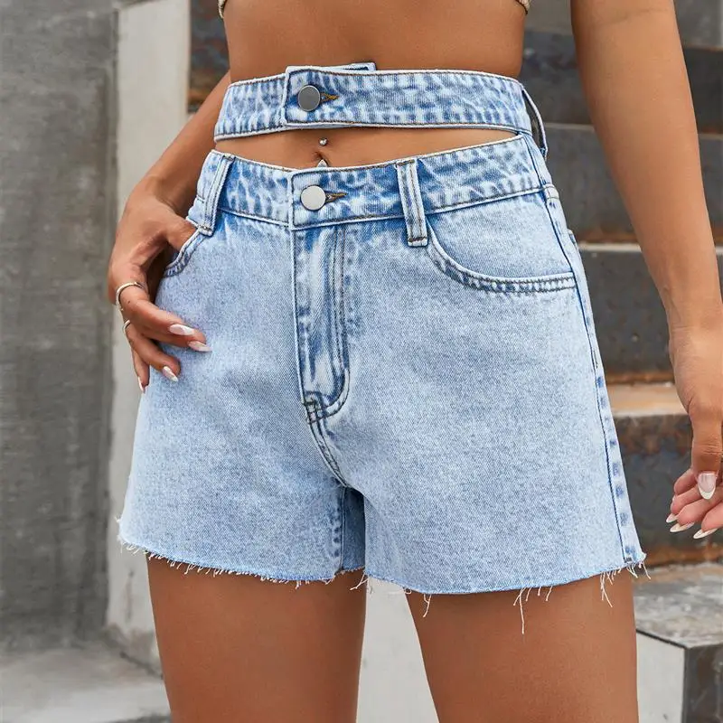 Faionable Summer Loose Straight Leg Hole Punching Double Waist Head orts Women's Bot Pants Trendy High Waist orts