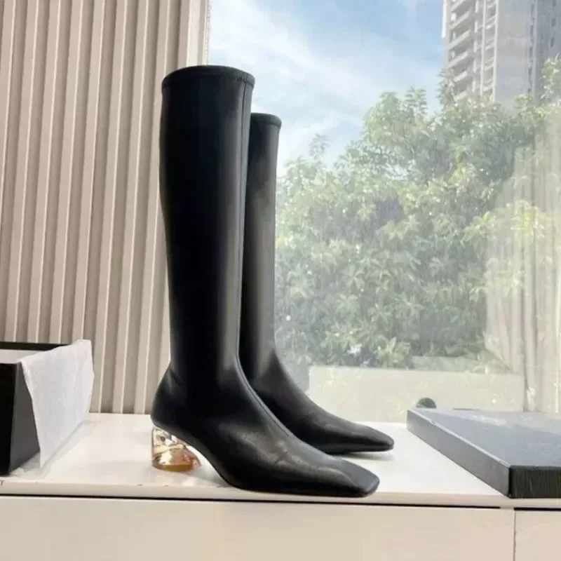 Women's-Autumn-and-Winter-New-Square-Toe-Fashionable-Short-Boots,-Irregular-Crystal-Low-Heel-Plus-Size-Black-Women's-Ankle-Boots