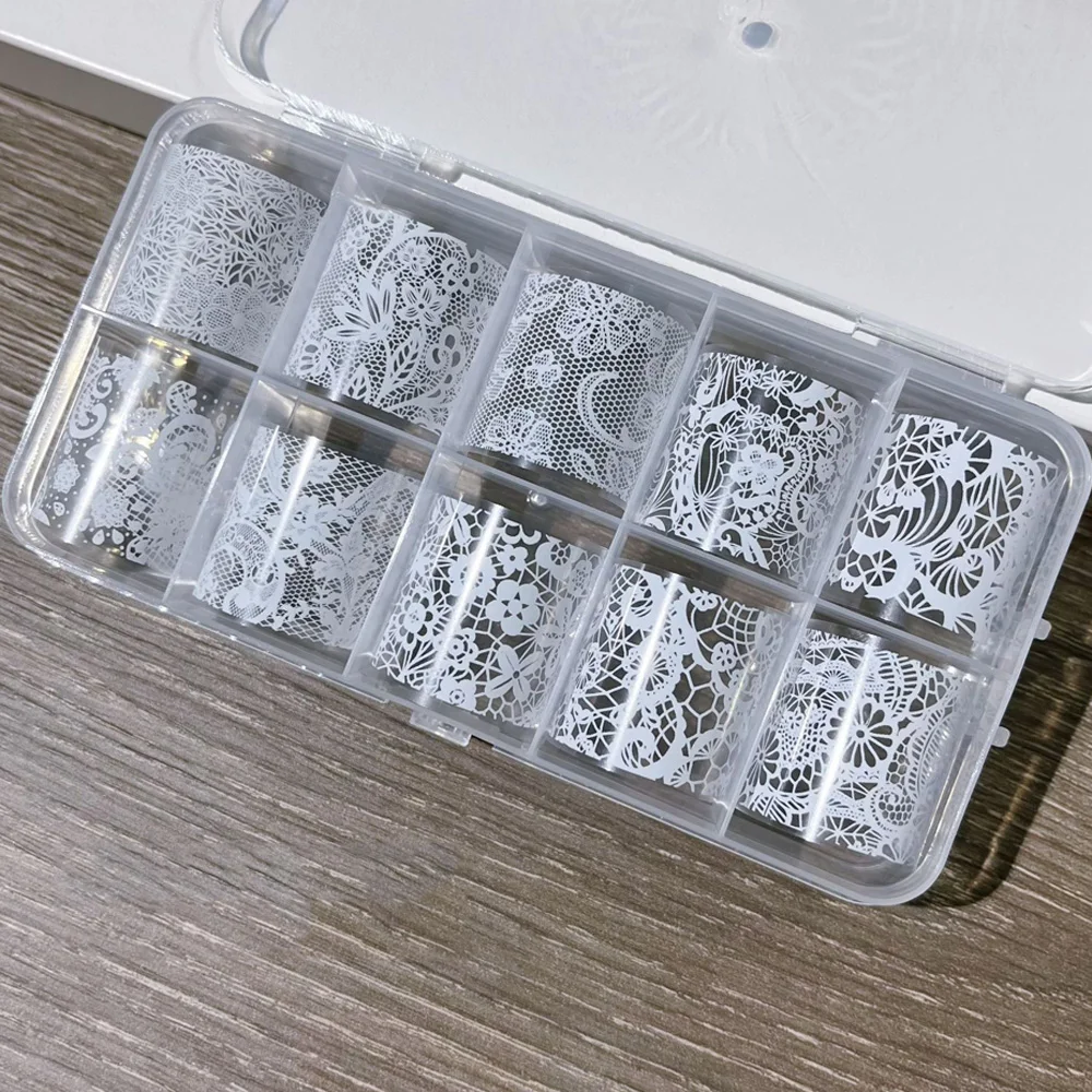 10 لفات النمط الياباني الأبيض الدانتيل مسمار نقل احباط ملصق الأزهار مخرمة الدانتيل نقل الأظافر احباط الشارات المياه الرخام مانيكير