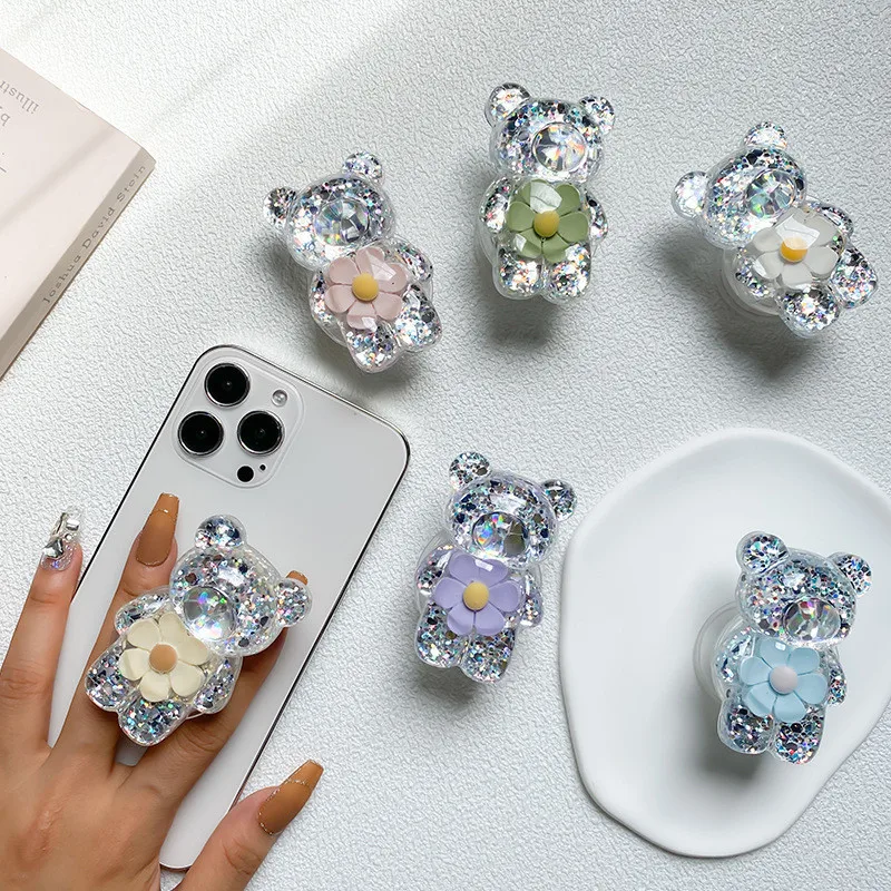 

Держатель для телефона Glitter Bear Flower с кольцом-подставкой и защитой от падения для iPhone 15 16 Samsung Huawei, складной