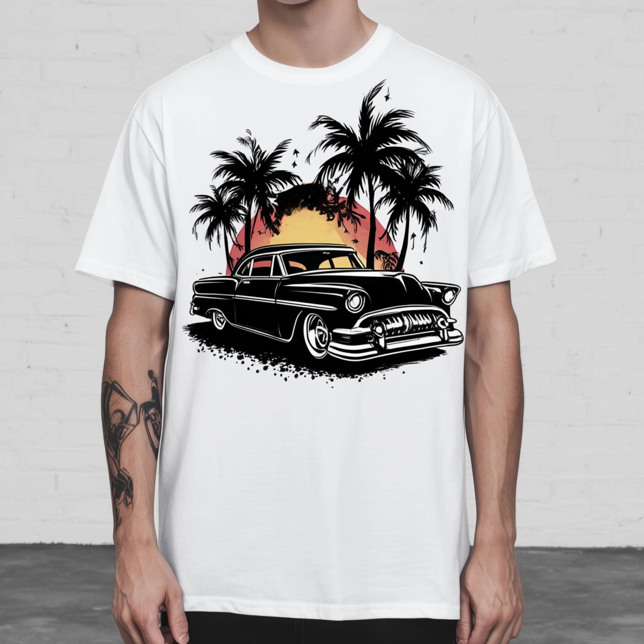 

Teevo Classic T-Shirt with Vintage Car and Palm Trees Print for Casual Wear