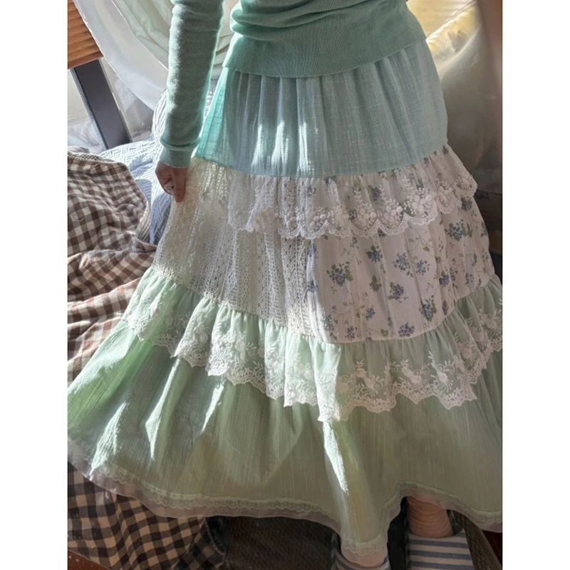 กระโปรงลายดอกไม้หวานๆ สไตล์ Preppy น่ารัก กระโปรงลูกไม้ซ้อนชั้น กระโปรงทรงเอ เอวสูง สไตล์ลำลอง เหมาะสำหรับวันหยุดพักผ่อนที่ชายหาด สไตล์ Y2K