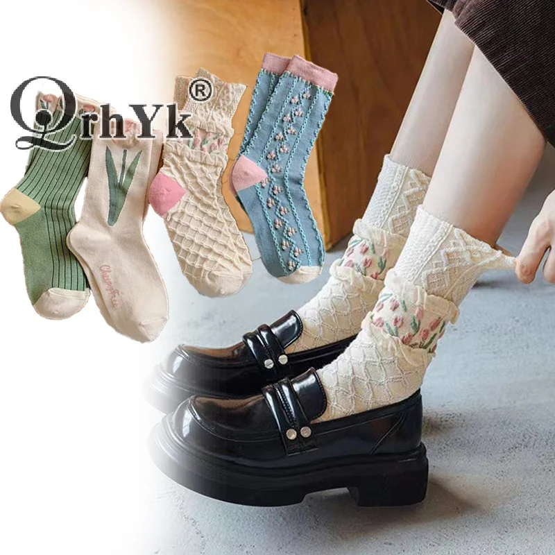New Women Socks Korean Style Flower Trend Casual Cotton Socks Girls Frilly Ruffle Cute Sweet Breathable Kawaii Crew Socks Girls