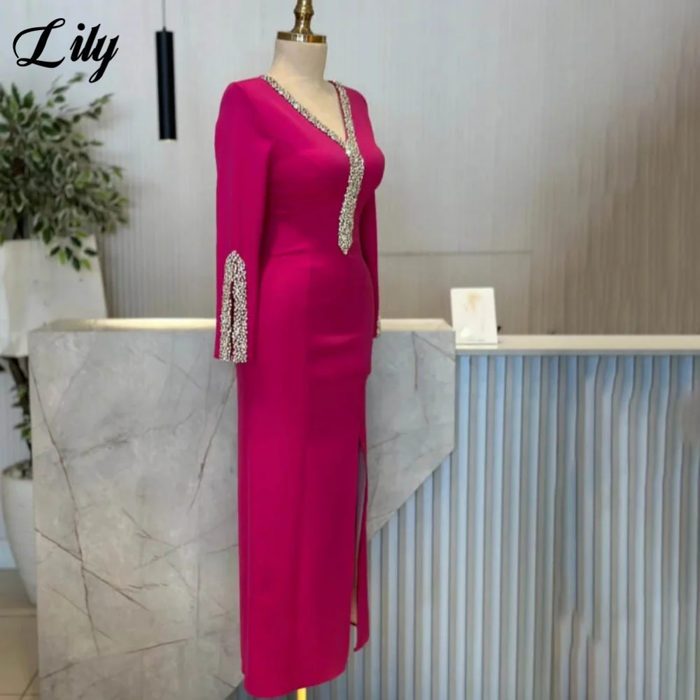 

Lily Fuchsia Elegant Formal Gown V-Neck Long Sleeves Prom Dresses Satin Sequins Side Split Evening Dress Modern Style Customized
