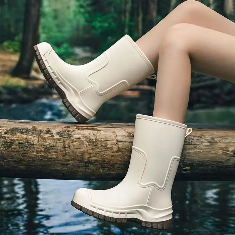 

Women's Four Seasons Thick Sole High Top Rain Boots Round Toe Waterproof Detachable Cotton Cover Keep Warm Kitchen Work Shoes