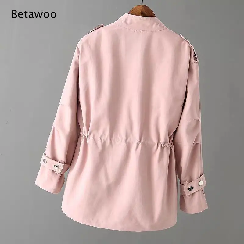 Stand Collar Drawstring Waist Short Trench Coat Multi Pocket Loose Long Sleeve Casual Outerwear for Women