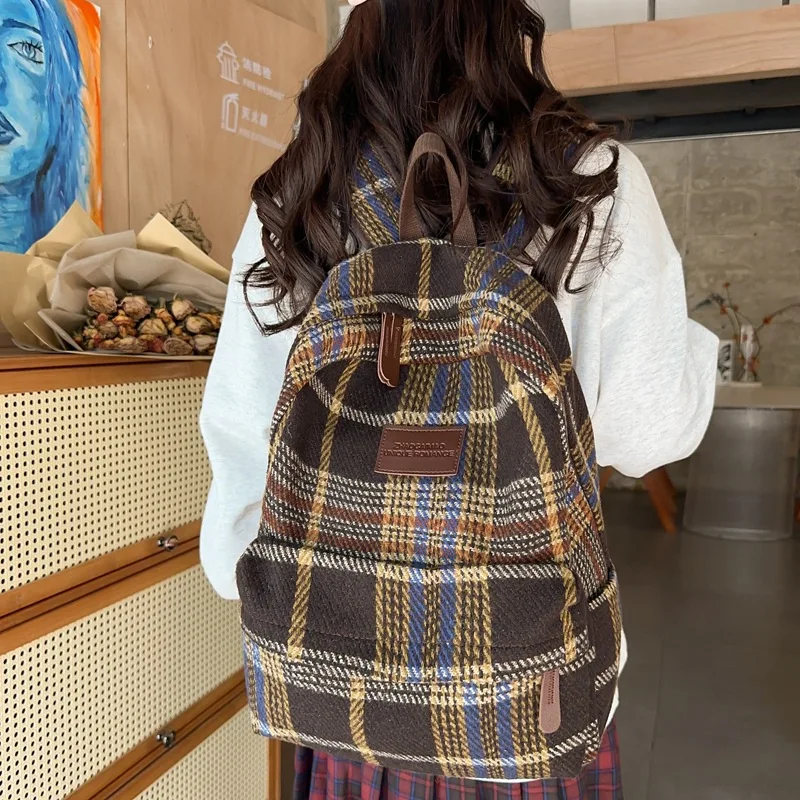 Vintage British Plaid Woolen Backpack Four Colors Available Thick Wear Resistant Large Capacity Student Commuter Casual Backpack