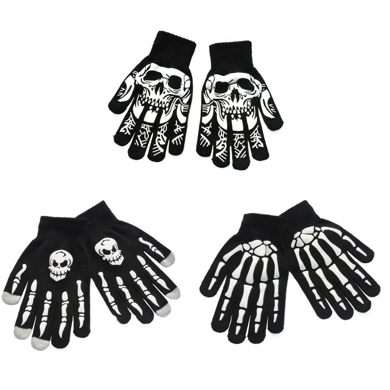 50JB for Creative Skull Glitter Gloves Black Luminous Gloves Skeleton Gloves for Outd