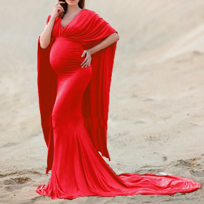 Women\'s Off Shoulder Elegant Fitted Maternity Gown Chiffon Flare Cape Sleeve Slim Fit Maxi Photography Dress for Baby Shower