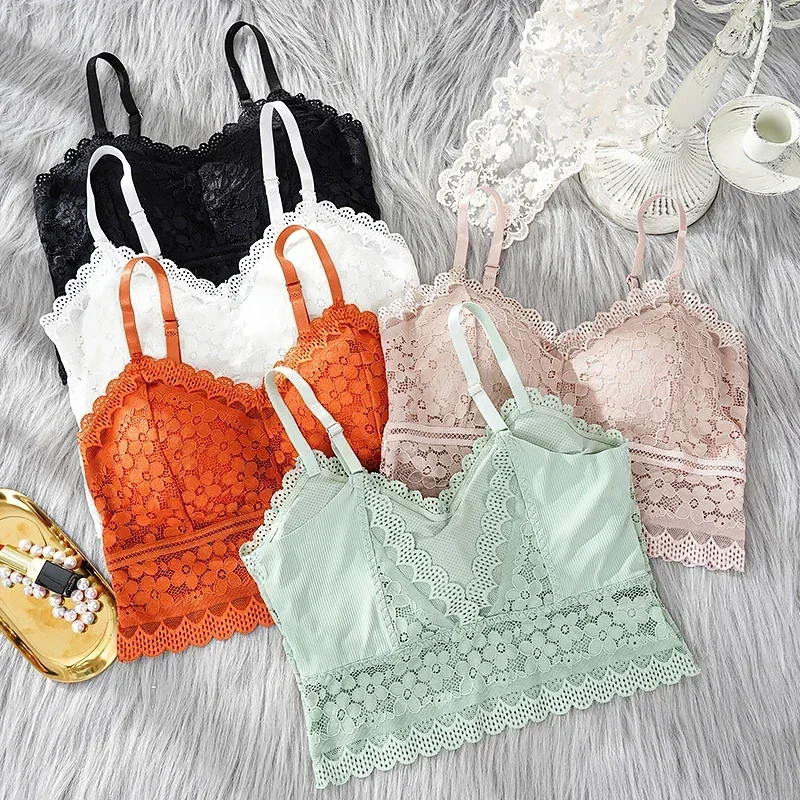 Nuevos sujetadores de encaje para mujer, Bralette cómodo de Color sólido, lencería con almohadilla, ropa interior de belleza en la espalda, chaleco Sexy, sujetador inalámbrico para mujer