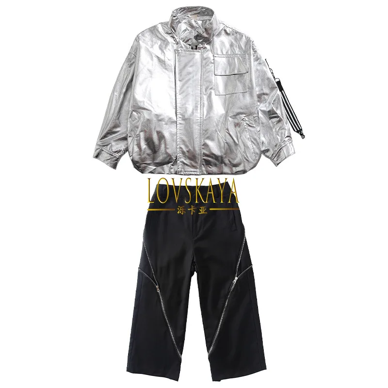 Casual Wide Zipper Pants for Girl Boy Jazz Dance Costume Clothes Hip Hop Clothing Silver PU Motorcycle Jacket Coat Top Black