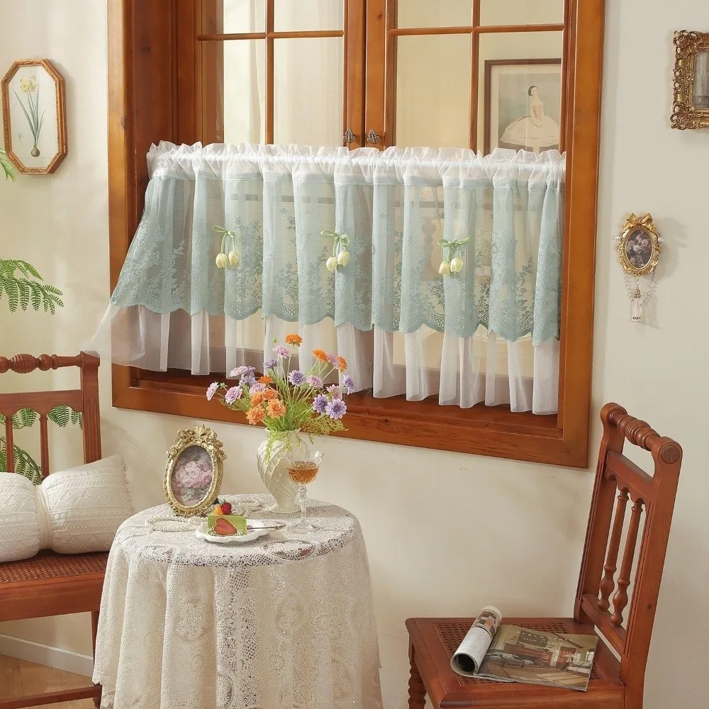 Pastoral Style Floral Lace Curtains Sheer Voile Lace Trim Embroidered Curtains Dust-Proof Light Blocking Cafe Curtains Kitchen