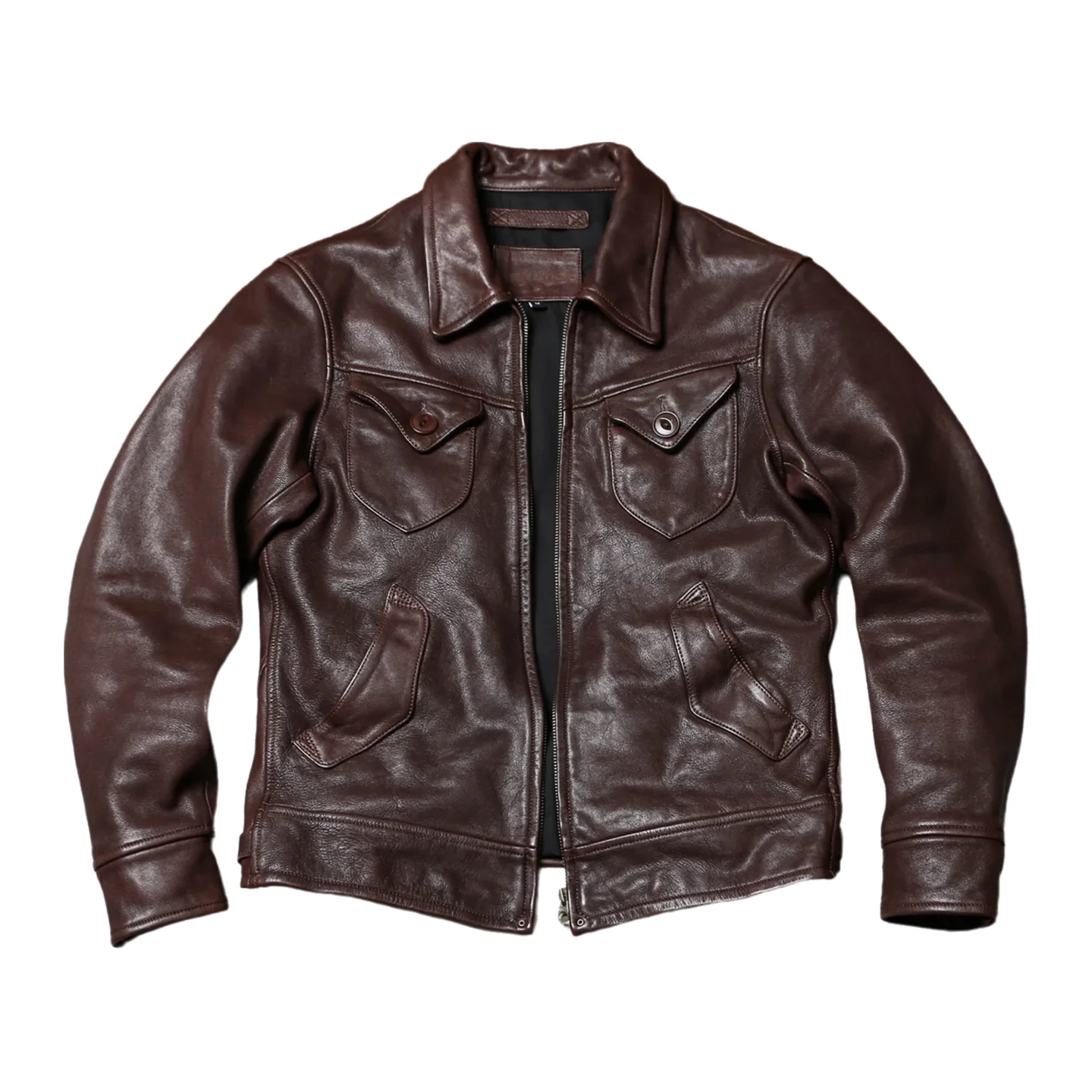 Men's Brown Leather Trucker Jacket Vintage Genuine Cowhide Denim-Style Zip Front Coat with Chest Pockets