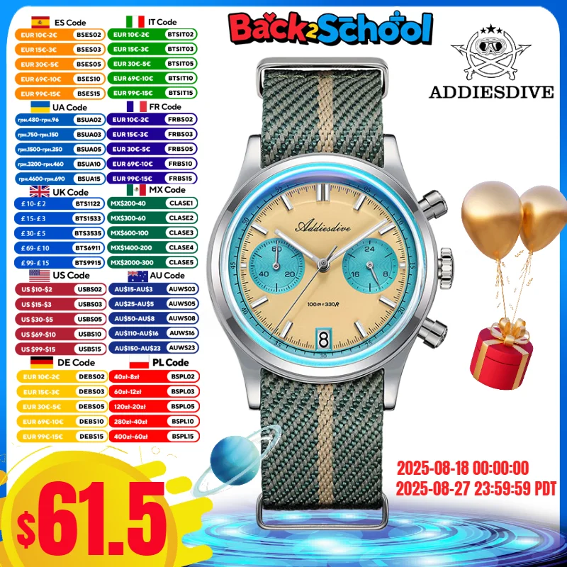 

ADDIESDIVE 2025 New Watch For Man 316L Steel Bubble Mirror Glass BGW9 Super Luminous 100m Diving VK64 Quartz Chronograph Watch