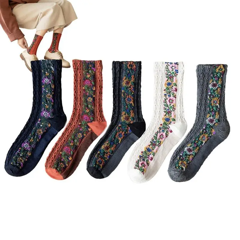 Women Flower Crew Socks 5pairs/set Ethnic Winter Thermal Embroidered Socks Ultra Thick Warm Insulated Crew Sock For Cold Weather