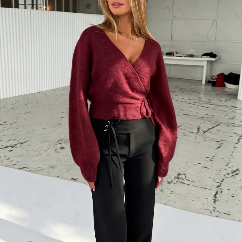 Women's Clothing Wrap V Neck Knit Sweaters Vintage Long Puff Sleeve Autumn Winter Fashion Side Drawstring Cropped Open Stitch