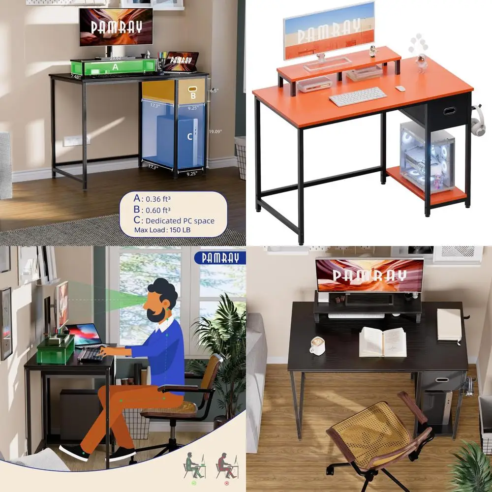 

Компактный компьютерный стол 39 с подставкой для монитора, оранжевым выдвижным ящиком для хранения для домашнего офиса или кабинета