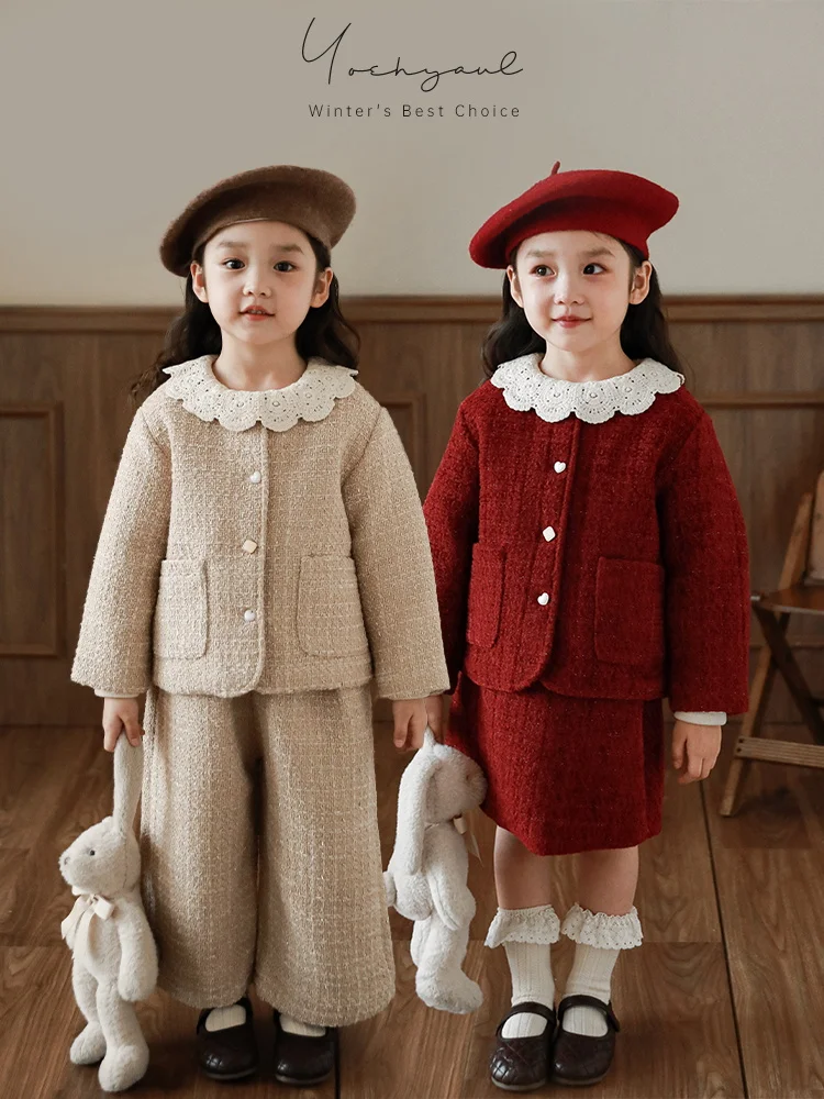 

Girl's Winter Sweet A-line Short Skirt Solid Color Collarless Coat Loose Straight Wide Leg Pants