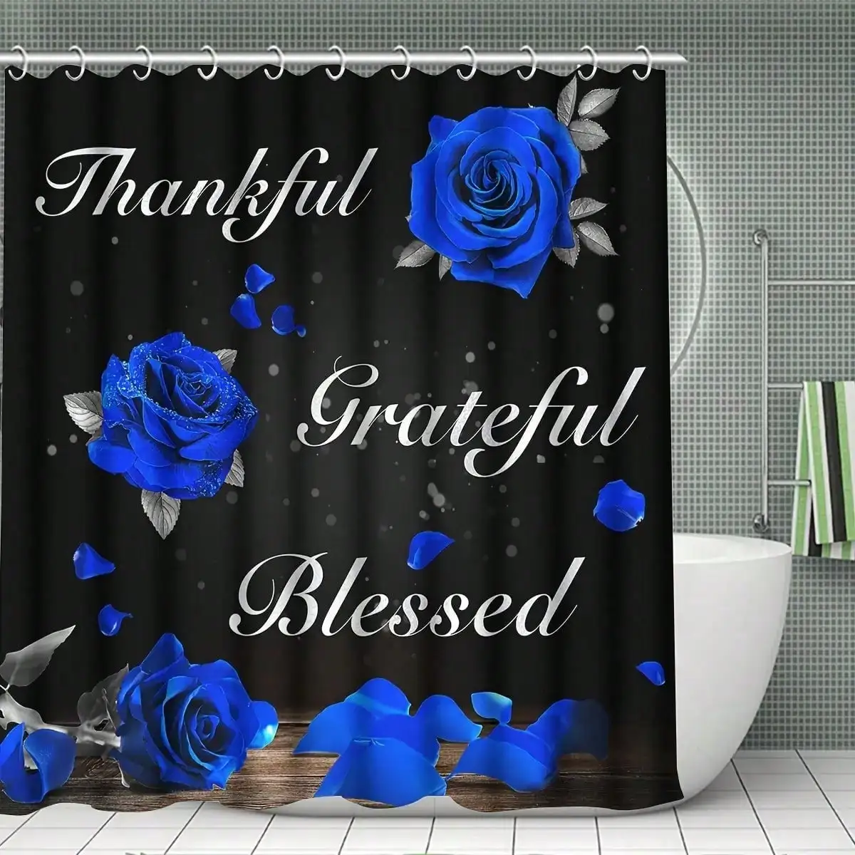 2D Flat, 2D FLat 4pcs Set Valentine's Day Royal Blue Rose Shower Curtain Set, Thanksgiving Blessing Bathroom Set Includes