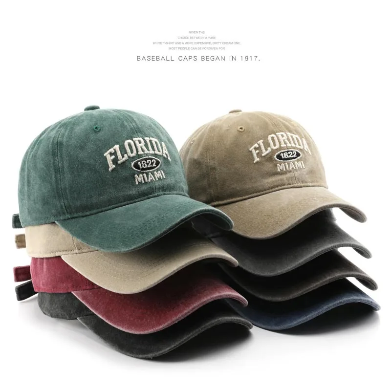 

Vintage Washed Cowboy Baseball Cap for Men Women FLORIDA Embroidery Sun Cap Casual Snapback Hip Hop Hat Curved Brim Soft Top Hat