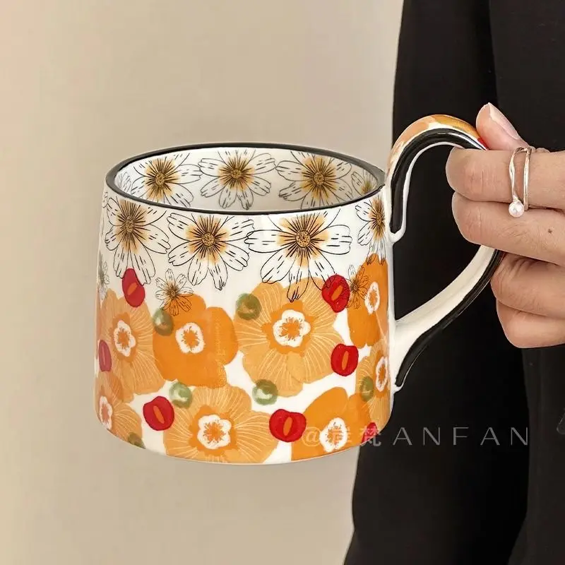 Hand-painted Flower Ceramic Cup, Chinese Retro Coffee Mug, Breakfast Milk Mugs, Original Gift Water Cups for High-end Couples