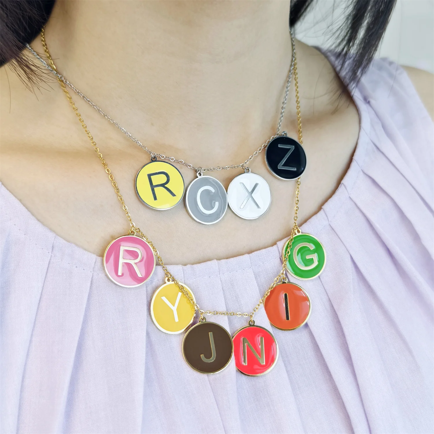 20mm Disc Initial Letter Charm Personalized Enamel Necklace Customized Name Stainless Steel Women Jewelry For Her Gift