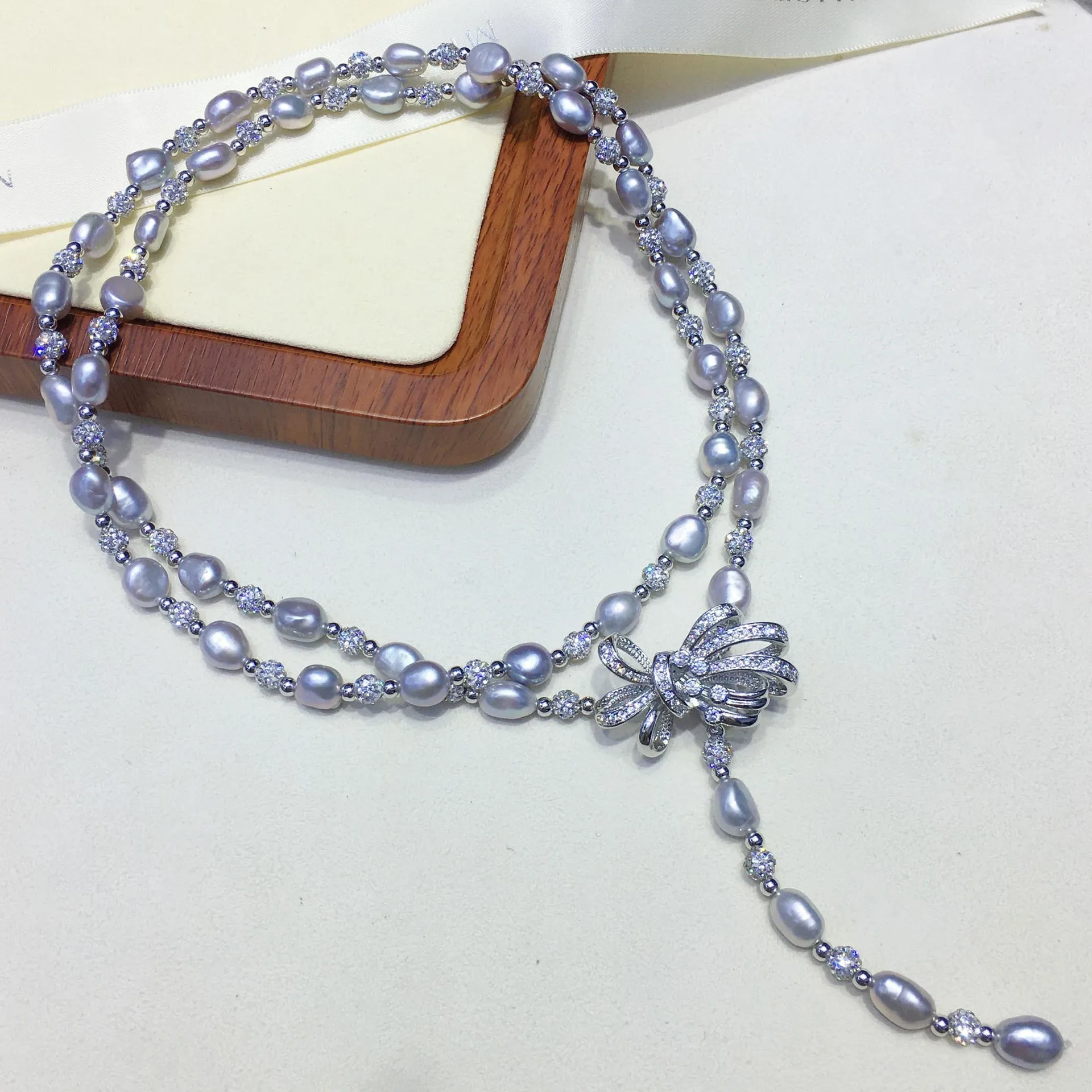 

INatural Freshwater Pearl Gray Baroque Long Necklace - Multi-Wear Stackable Sweater Chain with Zircon Butterfly Clasp