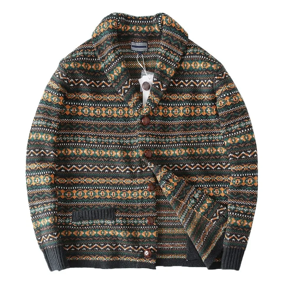 

Men Fall Winter American Ethnic Pattern Cardigan Loose Fit Shawl Collar Chunky Knit Sweater Coat Trendy Couples Outerwear
