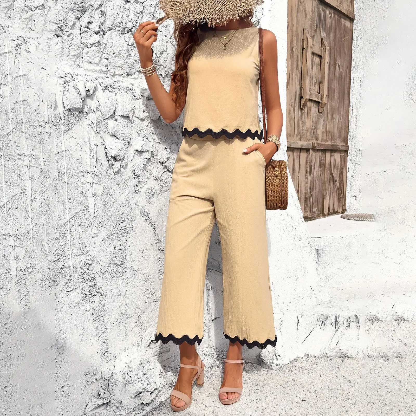 High Quality Women Clothing 2024 Spring Summer Casual Temperament Long Personalized Woven Belt Vest and Pants Set Ladies Fashion