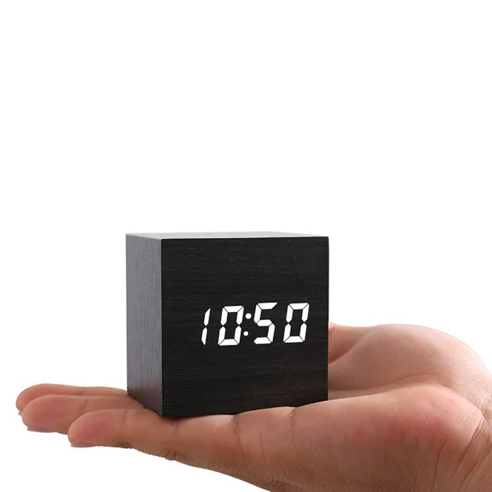 

Voice-controlled Wooden Clock USB Charging Alarm Electronic Black and White Table