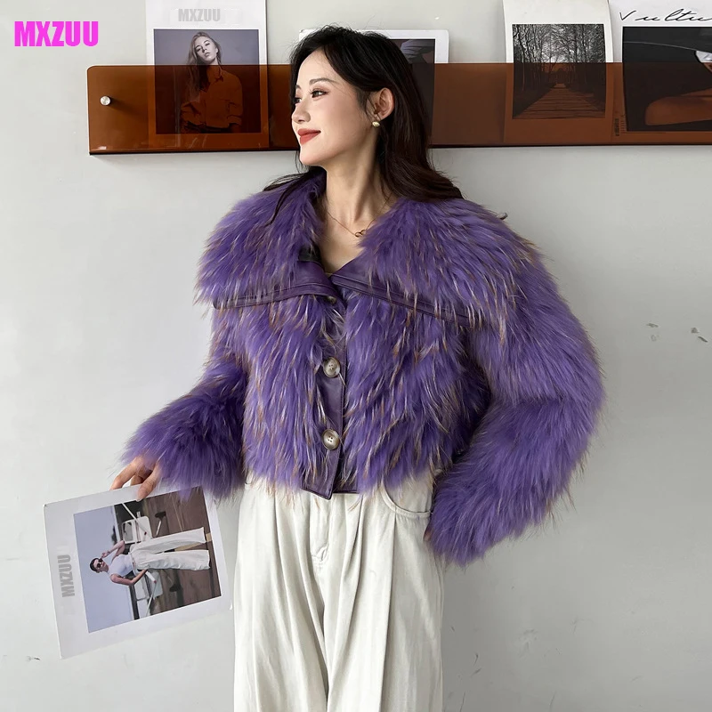 Women's Winter Jacket With Fur Fashion Navy Collar Batwing Sleeve High Waist Slim Green/Purple Short Sheepskin Raccoon Fur Coat