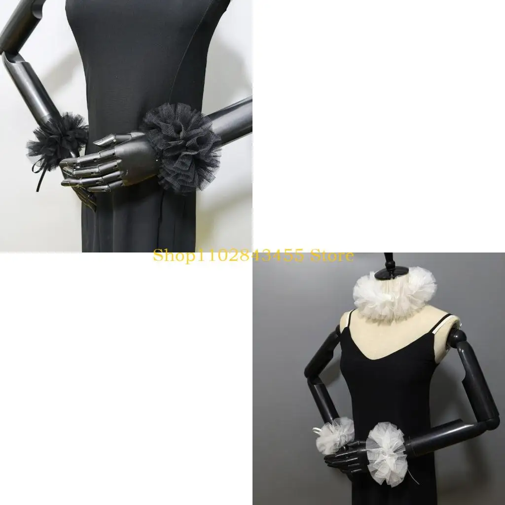 49MC Detachable Mesh Ruffled Neck Collar Wrist Cuffs for Authentic Medieval Outfit