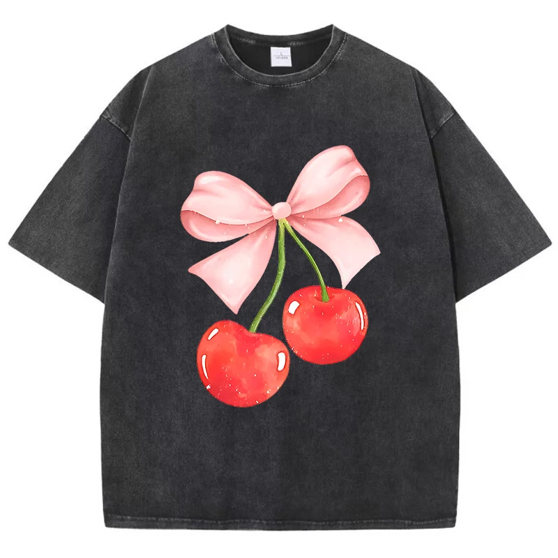 

Pink Bow Cherry Printing Washed T Shirts Womens Cottont-Shirt O-Neck Oversized Acid Wash Tops Summer Casual Woman Streetwear