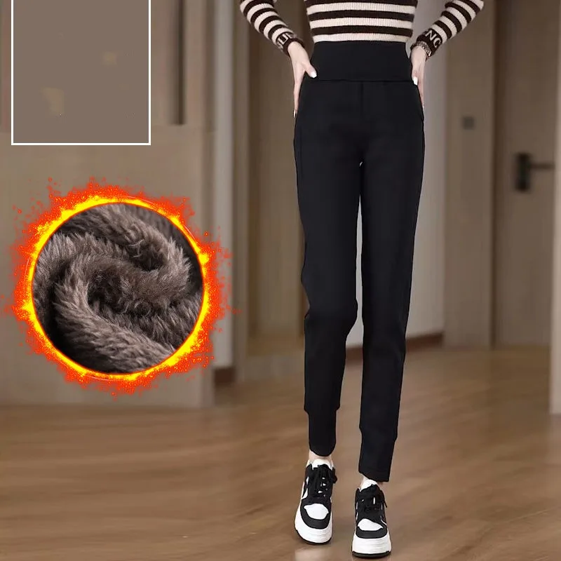 Women's Autumn Winter Drawstring Pockets Flocking Elastic High Waist Solid Casual Sports Haren Loose Trousers Fashion Pants